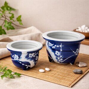 VTG Bonsi Blue & White Porcelain Planter Pots Set of 2 Floral | Footed w/ Drain